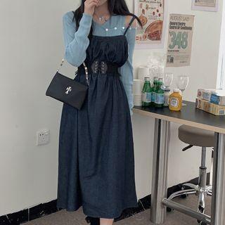 Denim Midi A-line Overall Dress Dark Blue - One Size