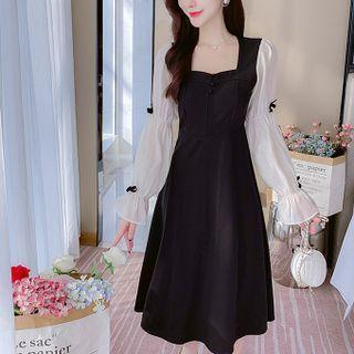 Mock Two-piece Puff-sleeve Paneled Dress