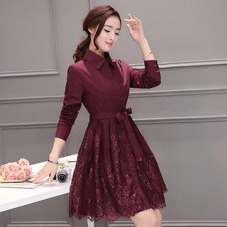 Lace Panel Long-sleeve Shirt Dress