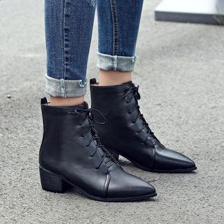 Block Heel Lace-up Pointy Short Boots