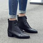 Block Heel Lace-up Pointy Short Boots