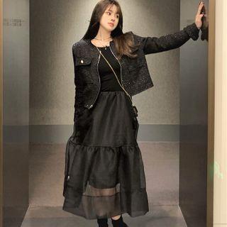 Tweed Jacket / Mesh Midi Dress