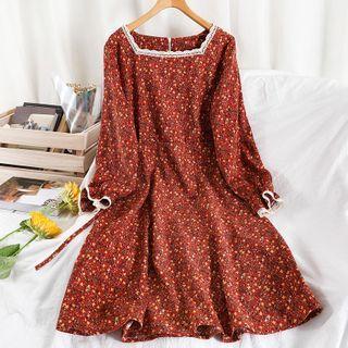 Floral Print Long-sleeve Midi A-line Corduroy Dress