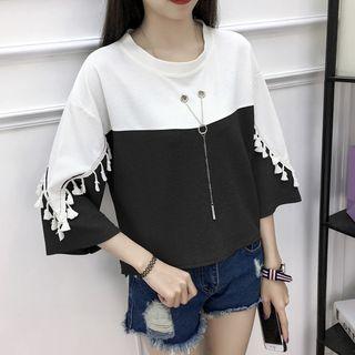 Tasseled Two-tone 3/4-sleeve T-shirt