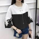 Tasseled Two-tone 3/4-sleeve T-shirt