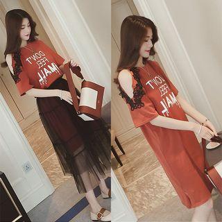Set: Elbow-sleeve Cold-shoulder Mini T-shirt Dress + Mesh Midi Dress