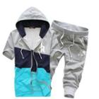 Set: Short-sleeve Color-block Hooded Jacket + Cropped Sweatpants