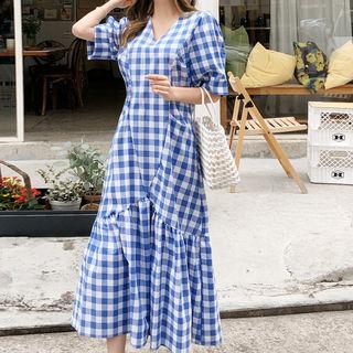 Ruffle-hem Gingham Dress Blue - One Size