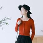 Long-sleeve Square-neck Button-detail Knit Top