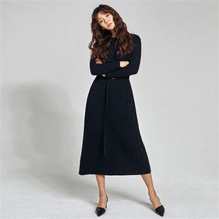 From Seoul Ribbed Long Knit Dress With Belt Black - One Size