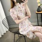 Mandarin Collar Floral Midi Sheath Dress