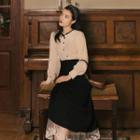 Set: Long-sleeve Blouse + Lace Panel Midi A-line Skirt