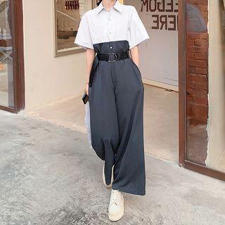 Elbow-sleeve Two-tone Wide-leg Jumpsuit