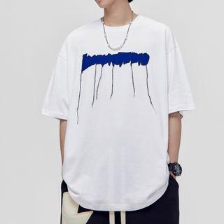 Elbow-sleeve Print Fringed T-shirt