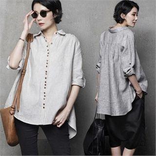 Tap-sleeve Stripe Linen Blouse