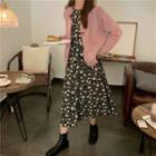 Long-sleeve Plain Knit Cardigan / Long-sleeve Floral Midi Dress