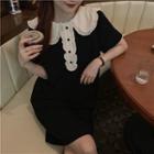 Elbow-sleeve Collar Ruffled Mini Dress Black - One Size