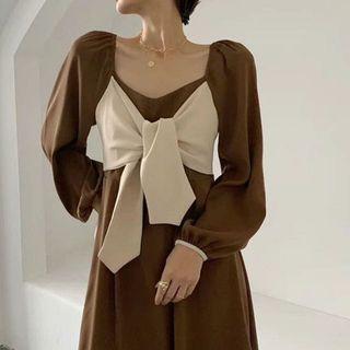 Long-sleeve Square Neck Plain Bow Accent Slim Fit Midi Dress