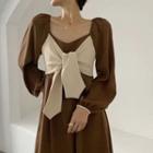 Long-sleeve Square Neck Plain Bow Accent Slim Fit Midi Dress
