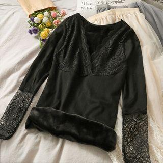Brushed Lace-panel Plain Top Black - One Size