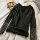Brushed Lace-panel Plain Top Black - One Size