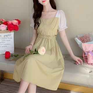Puff-sleeve Gather Waist Dress