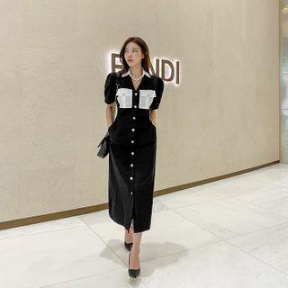 Flap-pocket Long Shirtdress
