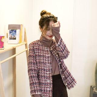 Faux-pearl Buttoned Tweed Jacket Wine Red - One Size