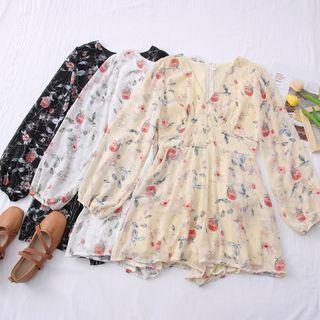 Puff-sleeve Floral Print Chiffon Romper