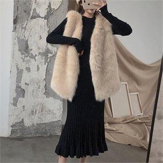 Frill-hem Ribbed Long Dress Black - One Size