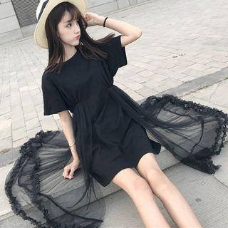 Plain Short-sleeve Mesh Panel Dress
