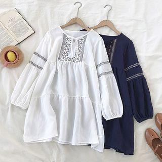 Embroidered Crewneck Lace-up Puff-sleeve Dress