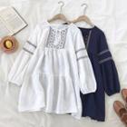 Embroidered Crewneck Lace-up Puff-sleeve Dress