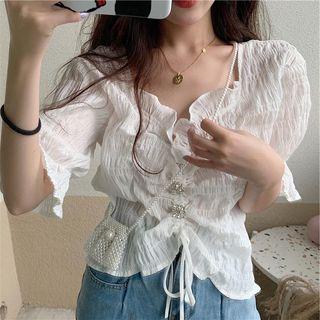 Short-sleeve Ruffled Drawstring Front Blouse White - One Size
