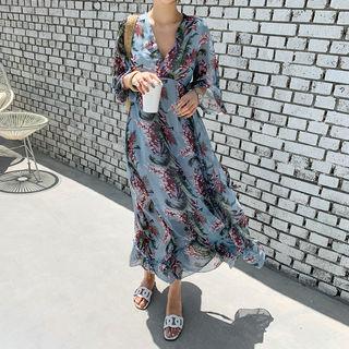 Flower Print Maxi Chiffon Dress Sky Blue - One Size