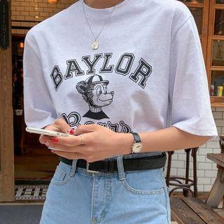 Bear-printed Elbow-sleeve T-shirt