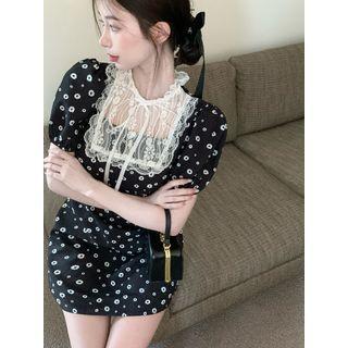 Puff-sleeve Lace Floral Slim-fit Mini Dress