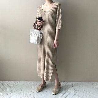 V-neck Rib-knit Long Dress