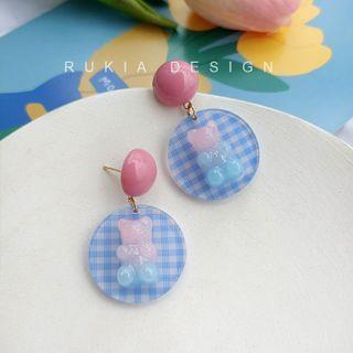 Plaid Bear Sterling Silver Drop Earring / Clip-on Earring