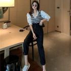 Elbow-sleeve Striped Top / Buttoned Straight-fit Pants