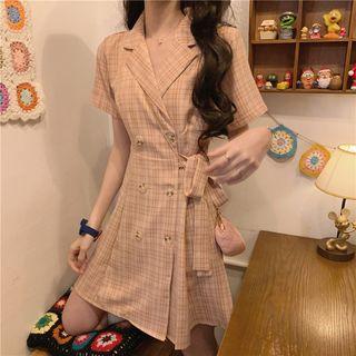 High Waist Plaid Short-sleeve Dress Pink - One Size