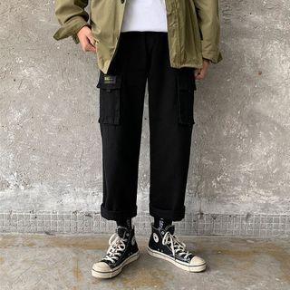 Drawstring-waist Flap-pocket Straight-cut Cropped Pants