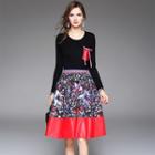 Mock Two-piece Floral Print Panel Long-sleeve Dress