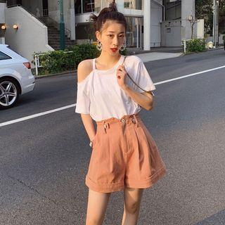 Asymmetric Shoulder Plain T-shirt + High-waist Jumper Pants