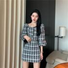 Plaid Off-shoulder Puff-sleeve Blouse / Mini A-line Skirt