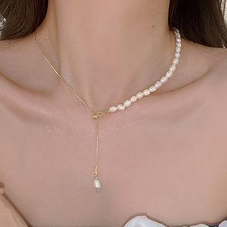 Faux Pearl Drop Necklace A3843 - White & Gold - One Size