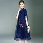 Mandarin Collar Floral Embroidered Elbow-sleeve A-line Midi Dress