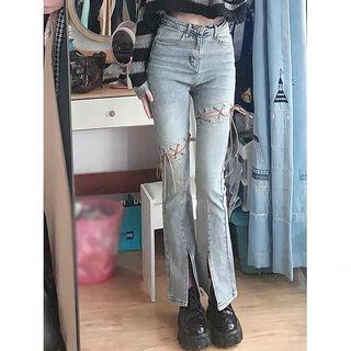 High Waist Lace-up Slit Bootcut Jeans