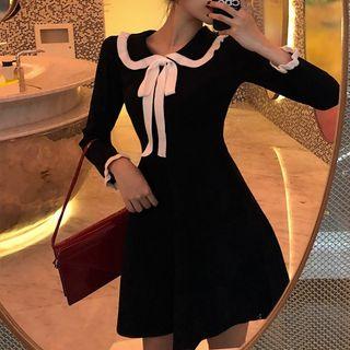 Tie-neckline Knit Dress Black - One Size