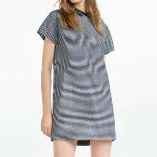 Short-sleeve Contrast-collar Houndstooth Dress